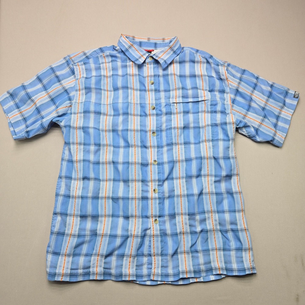 The North Face Button Down Shirt Plaid Zip Pocket Blue Orange Mens Size M Short